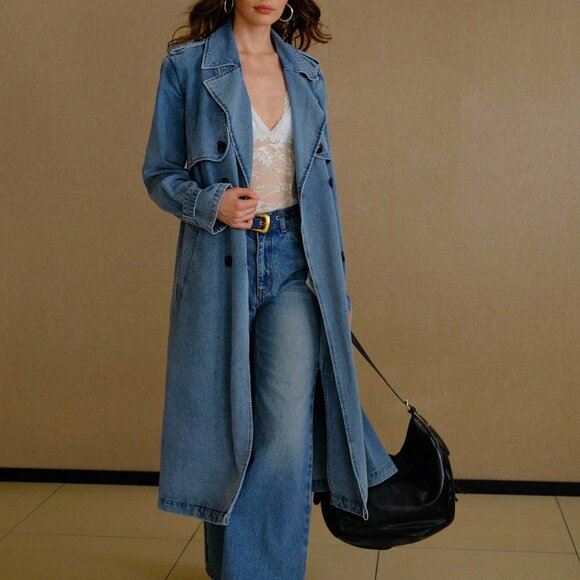 Blue Casual Women's Elegant Denim Trench Coat - Picture 4 of 7